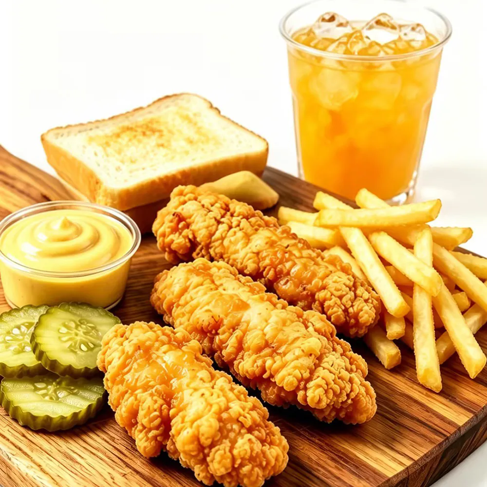 Crispy chicken tender set fries toast honey mustard pickles iced peach tea at Golden Crispy Chicken, a Fried Chicken Restaurant in Orlando