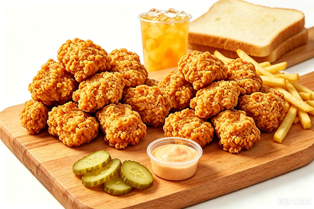 Crispy chicken nugget set fries toast spicy sauce pickles iced peach tea at Golden Crispy Chicken, a Fried Chicken Restaurant in Orlando