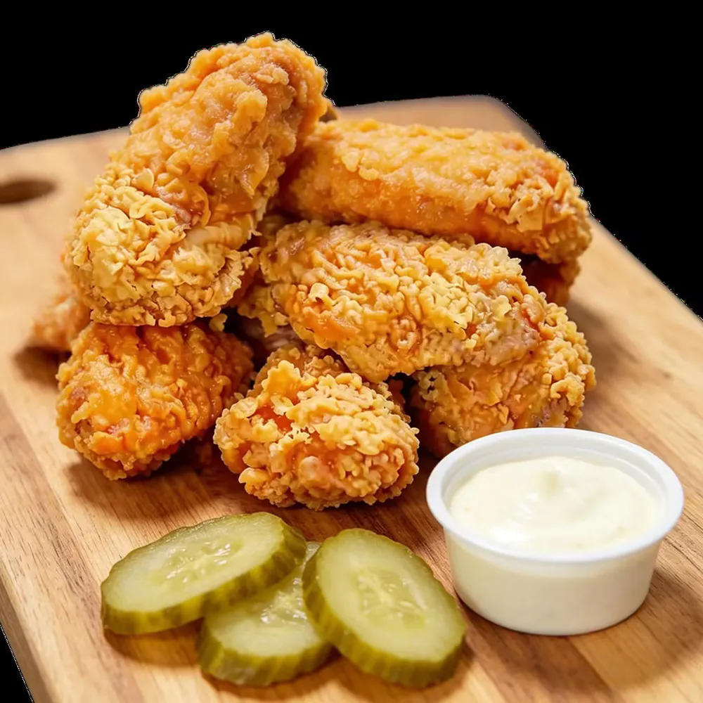 Golden crunchy fried chicken wings ranch dip sliced pickles at Golden Crispy Chicken, a Fried Chicken Restaurant in Orlando
