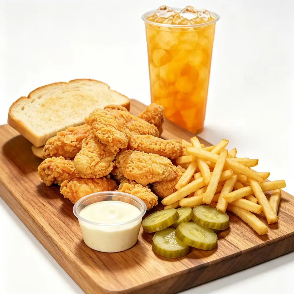 Assorted crispy chicken tender combo fries toast ranch pickles iced peach tea at Golden Crispy Chicken, a Fried Chicken Restaurant in Orlando