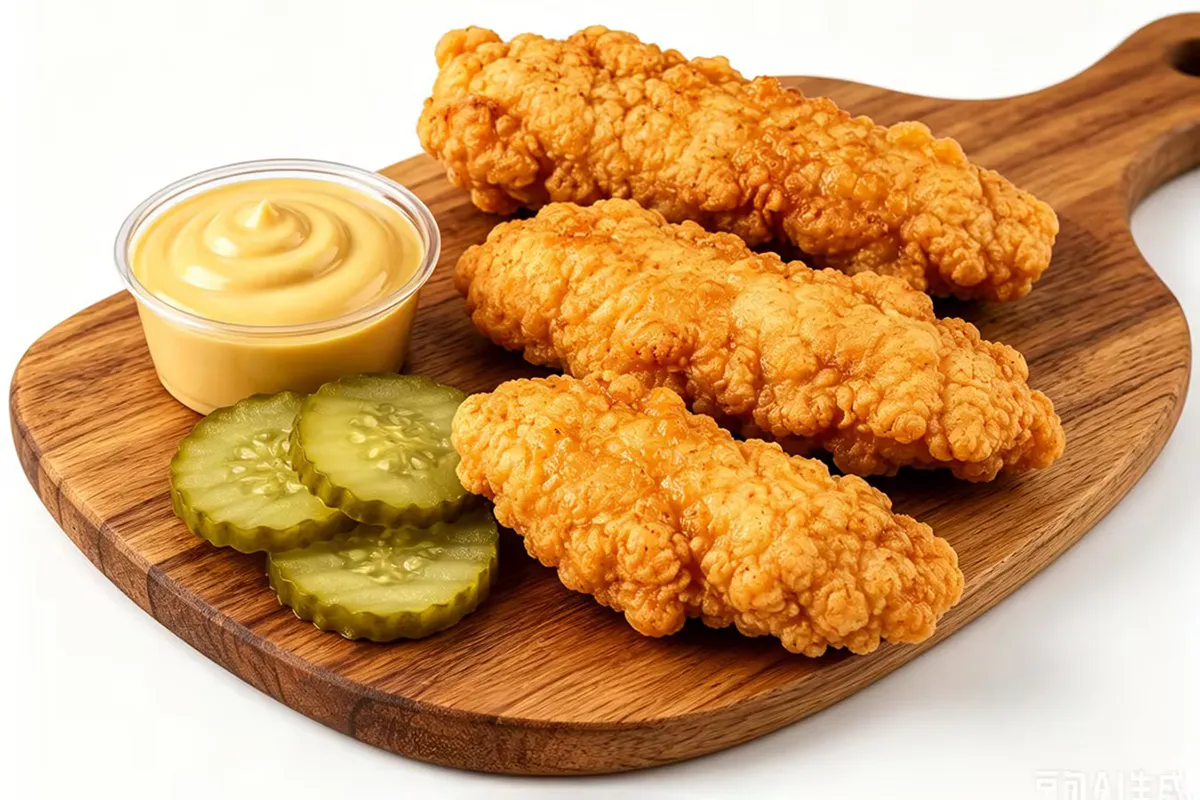 Three golden crispy chicken tenders honey mustard dip sliced pickles at Golden Crispy Chicken, a Fried Chicken Restaurant in Orlando