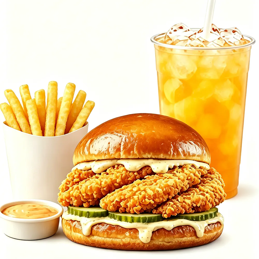 Crispy chicken burger meal fries spicy sauce iced peach tea combo at Golden Crispy Chicken, a Fried Chicken Restaurant in Orlando